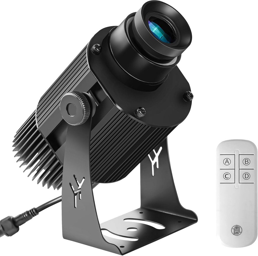 The Watch out! projector in an IP65 housing, with its remote control